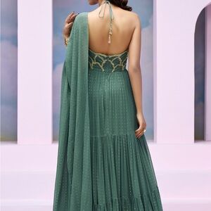 Blue Georgette Embroidered Cloud Halter Sihana Pattern Anarkali With Dupatta